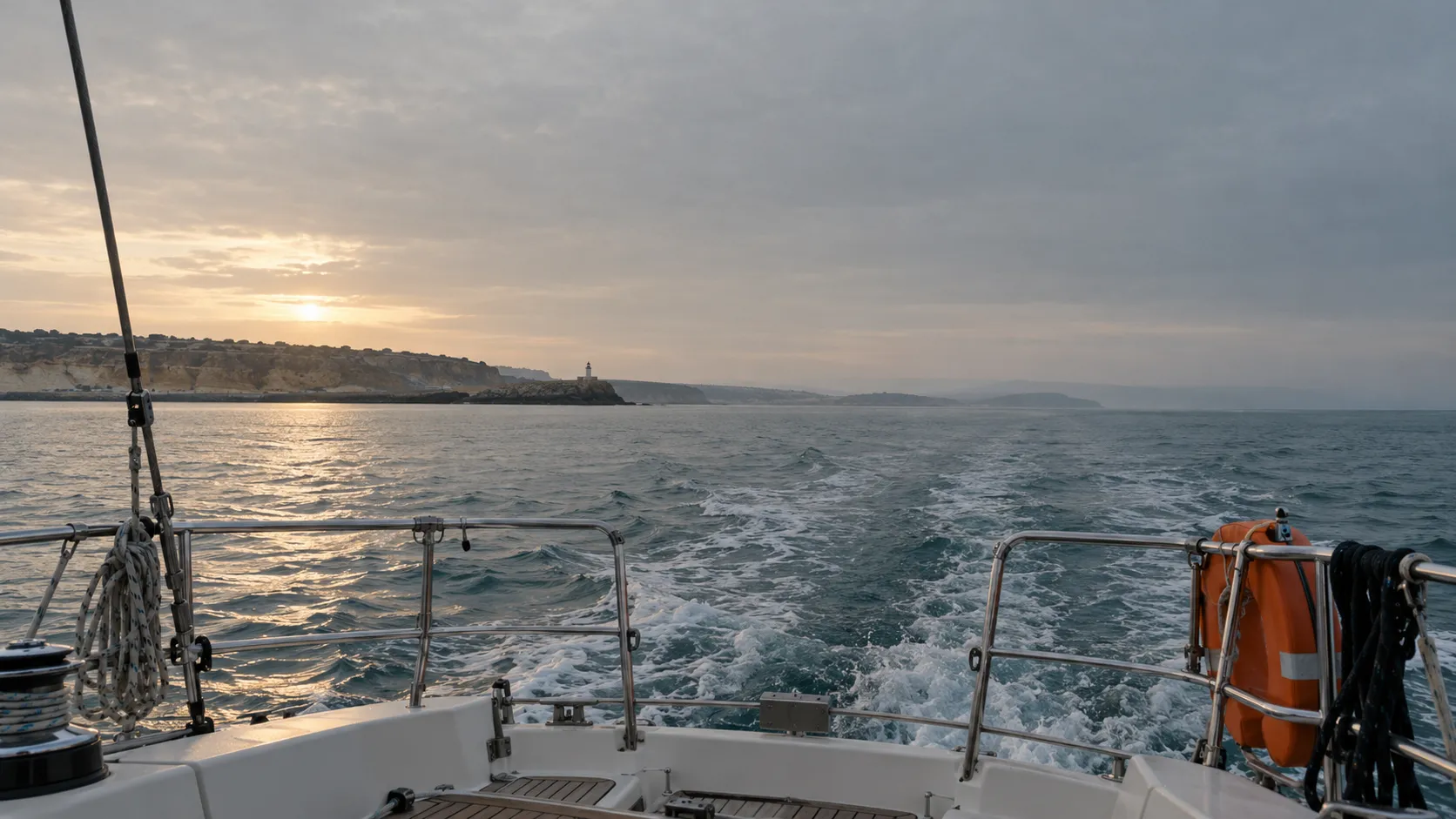 A sailing yacht leaving a harbour at first light