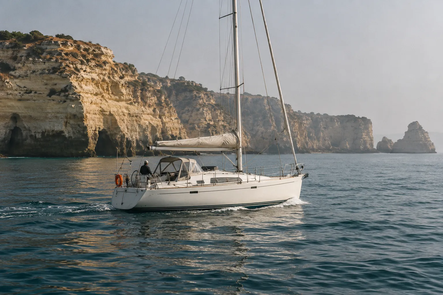 A yacht motoring past a limestone headland in calm morning water