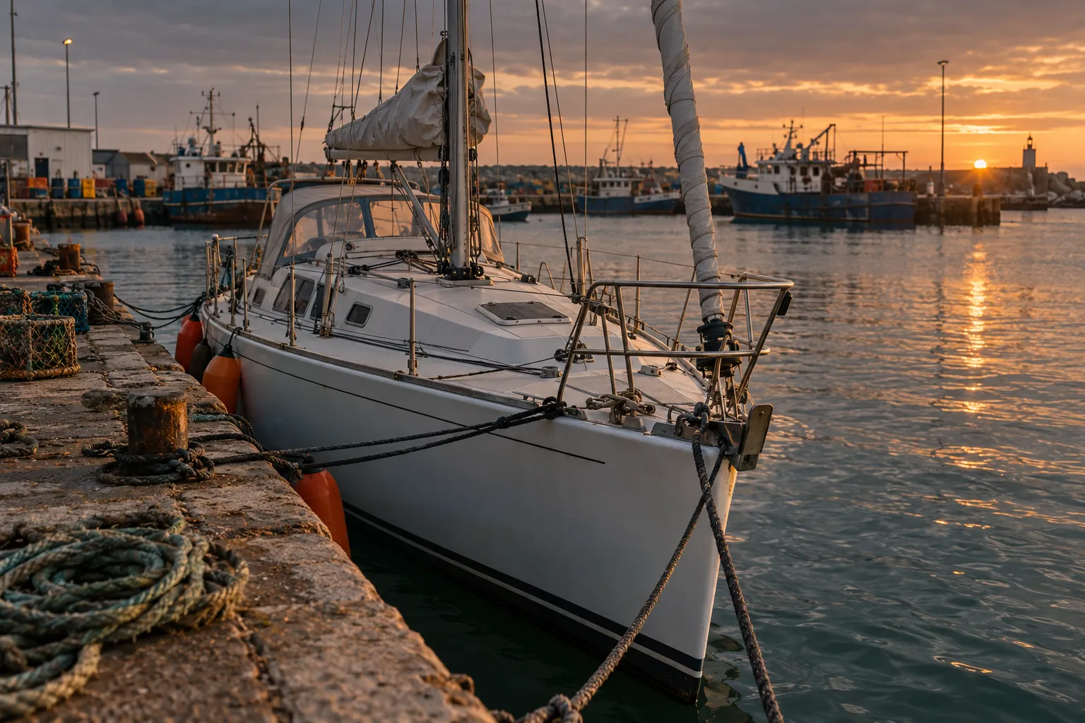 A yacht tied up in a small fishing harbour at sunset